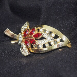 Vintage Brooch / Pin: Clear & Red Rhinestone Leaf w/ Bow, Gold, 1960s