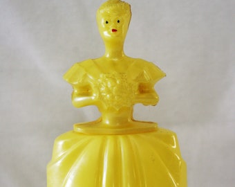 Vintage Bath Salts / Water Softener Bottle: Dorothy Perkins, St. Louis, Yellow Lady w/ Flowers