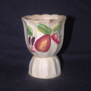 Vintage Large Ceramic Egg Cup: Double-Sided, Scalloped, w/ Fruit, Japan