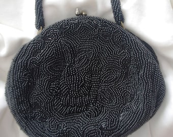 Vintage Beaded Evening Bag: Black Bugle Bead Flowers with Leaves & Swirls "Made in Japan"