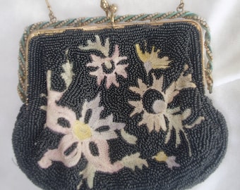 Vintage Evening Bag: Black Seed Bead w/ Embroidered Flowers & Fancy Frame, 1930s / 30s