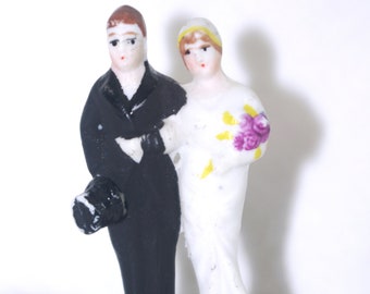 1920s Bisque Wedding Cake Topper: Bride and Groom, Painted, "Our Wedding Day," 3"