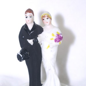 1920s Bisque Wedding Cake Topper: Bride and Groom, Painted, &quot;Our Wedding Day,&quot; 3&quot;