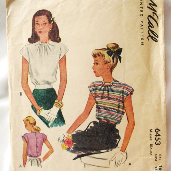 Vintage McCall Pattern: Misses' Blouse, Sz 16, 1940s / 1946 #6453