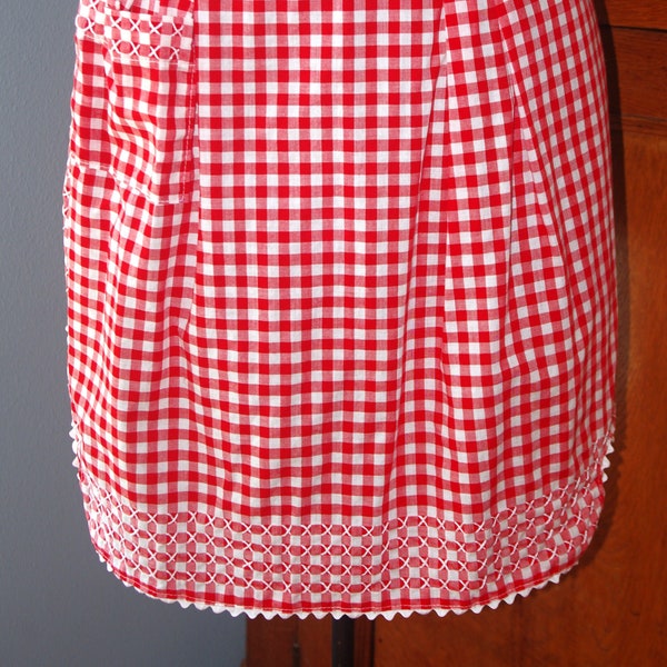 Vintage Half Apron: 1950s Chicken Scratch / Amish Embroidery, Red & White Gingham, Handmade