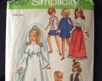 Vintage Doll Clothes Pattern: Simplicity 9097 "Wardrobe Suitable for 11.5" Doll Such As Barbie, Julia, and Maddie Mod" 1970 UNCUT