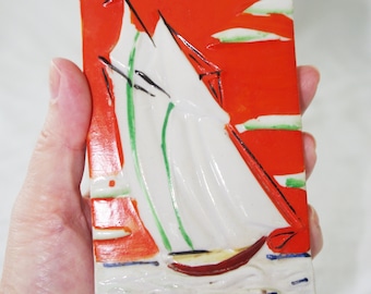Vintage Wall Pocket / Planter: White & Green Sailboat w/ Orange Sky, Made in Japan