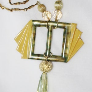 Handmade Upcycled Necklace: Vintage Art Deco Metal & Celluloid Belt Buckle with Vintage Beads and Chain Gold Green