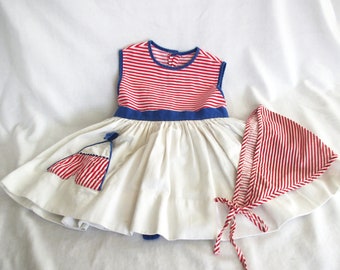 Vintage Baby Dress: 1960s, "Youngland" White w/ Red & White Stripes, Blue Trim, w/ Scarf