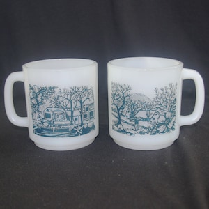 2 Vintage Coffee Mugs: &quot;Glasbake&quot; Currier & Ives, White Milk Glass w/ Blue, 1960s