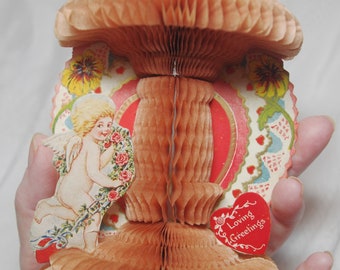 Vintage Victorian Valentine 3D Stand-Up Cupid with Flowers, Heart, Honeycomb Column Early 1900s