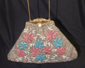 Vintage Handbag / Purse / Evening Bag: Ornate "Charet" Blue & Pink Beaded Flowers, 1930s