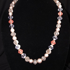 Vintage Beaded Necklace: Pearl, Clear, Smoked, & Pink Lucite Beads, 1980s / 80s