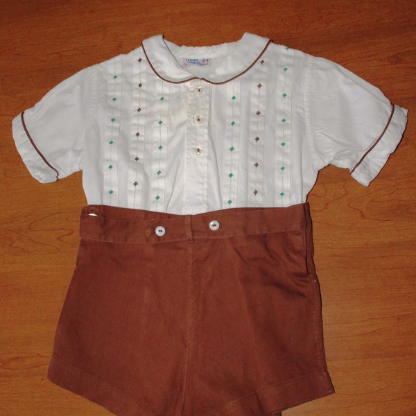 Vintage Baby Outfit / Clothing: 1960s, Boy's Brown & White Embroidered Two-Piece, "Town Twins by Little Fashion Togs"