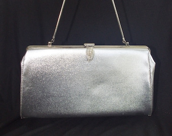 Vintage Handbag / Purse: 1960s Small Silver w/ Fancy Rhinestone Leaf Clasp