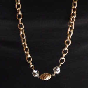 Vintage 1970s Necklace: Long Ornate Gold Chain w/ Aurora Borealis Beads