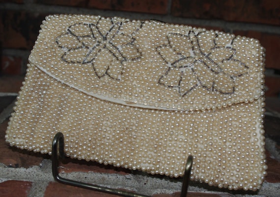 Small Vintage 1930s Beaded Clutch Purse, Evening Bag Beads & Faux
