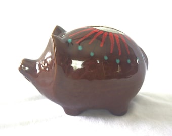 Vintage Schwein / Sparschwein: Mid-Century Bertoncello / Italien, braune Keramik mit Sun Burst, 1950er / 50er Jahre