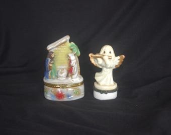 CHOICE - Vintage Trinket Box: Ceramic, Angel w/ Flute / Nativity Creche Scene