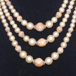 Vintage 3-Strand Beaded Necklace: Light Peach Pearls & Peach Beads w/ Gold Filigree Beads, 1950s