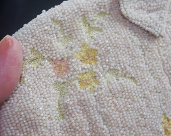 Vintage Evening Bag: 1930s Belgian / Belgium White Micro-Beaded w/ Flower Embroidery