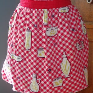 Vintage Short Half Apron: Red & White Gingham w/ Overprinted Dishes, Etc. 1960s