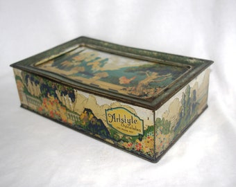 Boîte/boîte à bonbons vintage : scène de nature idyllique « Chocolats Art style » Art nouveau des années 1920, Boston/St. Louis