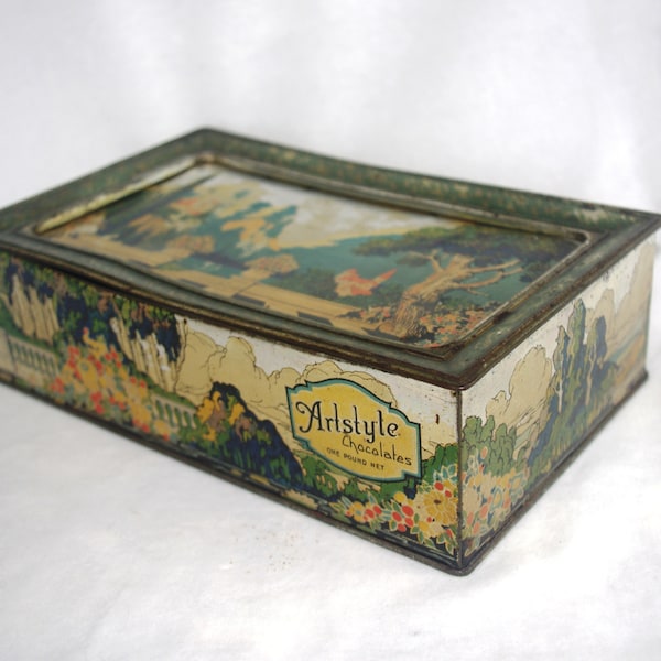 Vintage Candy Tin / Box: Rare 1920s Art Nouveau "Artstyle Chocolates" Idyllic Nature Scene, Boston / St. Louis