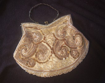 Vintage Evening Bag 1920s Beaded Embroidered w/ Pearl  Beads & Sequins