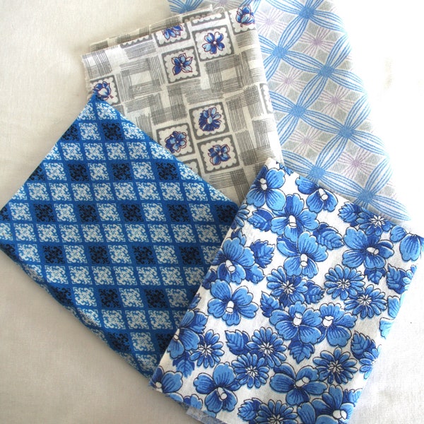 Vintage 1940s Feedsack / Feed Sack Fabric Piece LOT: 4 Pieces - Blue & White