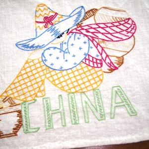 Vintage Hand Embroidered Kitchen Towel: Siesta Man &quot;China&quot; 1950s
