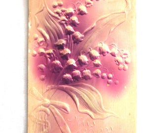 Antique Postcard: "Many Happy Returns" Embossed Purple, Lily of the Valley Spray, Early 1900s / 1908