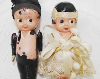 Celluloid Bride & Groom Dolls Painted w/ Clothing 1930s
