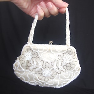 Vintage Evening Bag: White Flowers & Swirl Silver and White Bugle Bead Small Clutch, "Hand Made in Belgium" 1950s / 50s / MCM