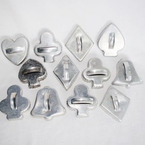 Vintage Aluminum Cookie Cutter Lot: 12 Heart, Diamonds, Clubs, Spades, Bells, 1960s