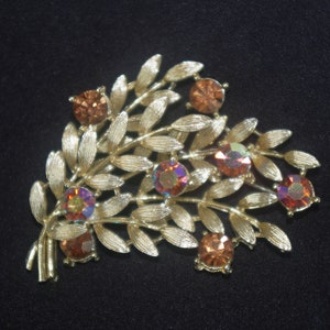 May include: A gold-toned brooch in a leaf and berry design. The brooch features textured leaves and round, amber-colored stones with iridescent highlights. The brooch is set against a black background.
