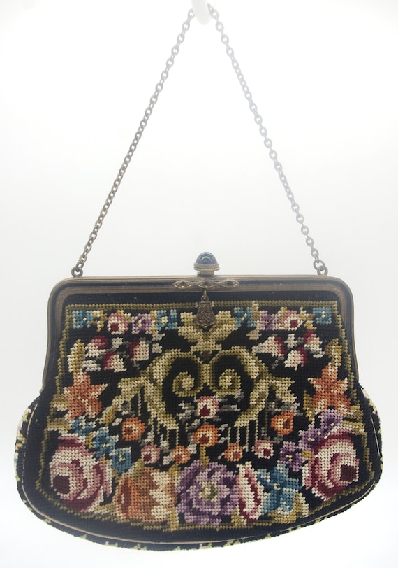 Vintage 1940s Needlepoint Tapestry Purse Large Handbag