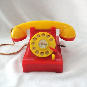 Vintage Toy Telephone: Working Mechanical Wind-Up &quot;Fairline&quot; Red & Yellow Catalin w/ Dial and Ringer, 1950s