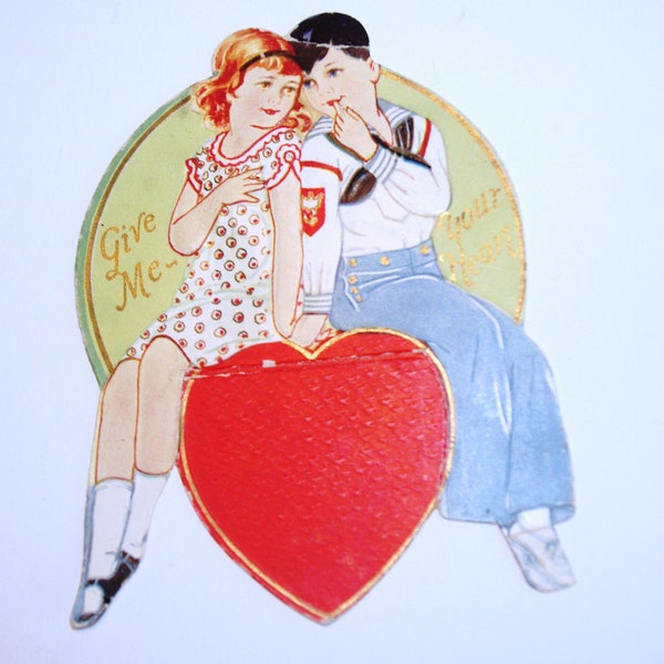 Vintage Valentine: Sailor Boy & Girl Sitting on a Foldout Heart Gilded 1930s American Colortype