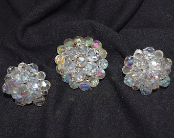 Vintage Jewelry Set: Brooch & Clip Earring - Demi-Parure, AB / Aurora Borealis + Rhinestones 1950s / 50s / MCM