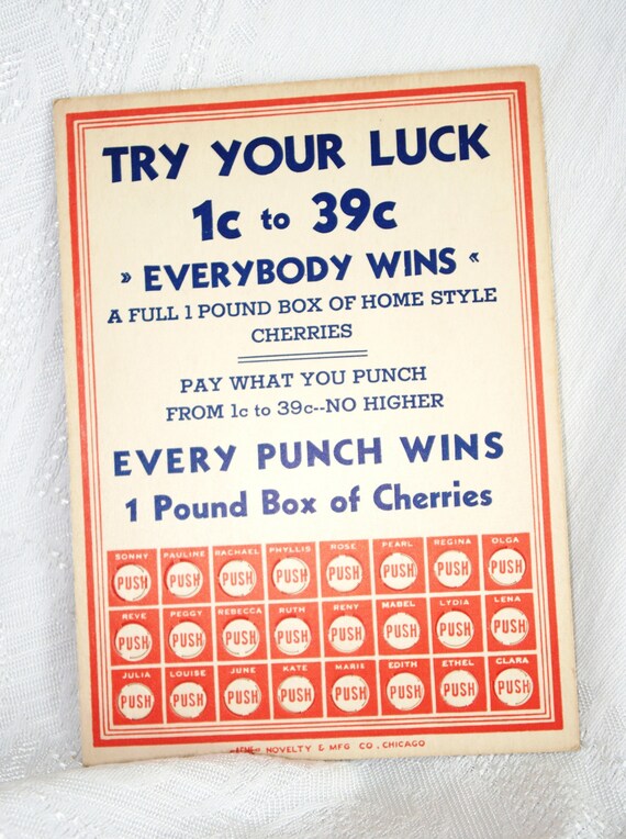 Try Your Luck Lotto Punch Card Game for Box of Cherries 1940s Etsy