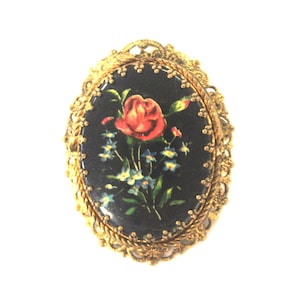 Vintage Brooch / Pin: Floral Bouquet / Flowers on Black Acrylic, Gold Filigree Setting, 1960s / 60s