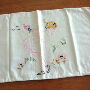 Vintage Pillow Cover / Pillowcase / Bolster Cover: Embroidered, Girl in Wind w/ Flowers, Pink Ruffles, 1920s