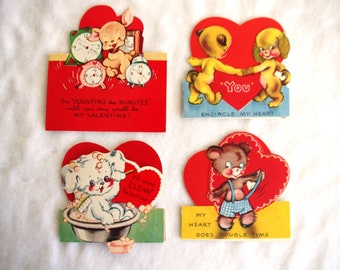 4 San Valentín vintage: perros y osos de los años 50, tarjeta A-Meri, plegado abierto/sobre