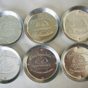 Lot: 6 Aluminum Advertising Coasters - &quot;Stanhome&quot; / Stanley Hostess Party Giveaway