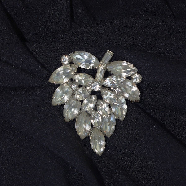 Vintage "Weiss" Brooch / Pin: Clear Rhinestone 2-Tiered Leaf w/ Silver, 1960s