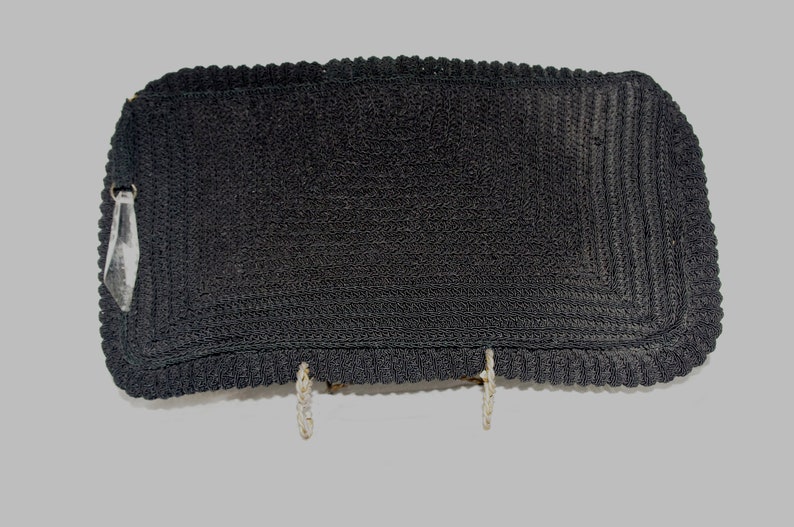 Black Crocheted Cording with Carved Lucite Pull Art Deco 1930s Vintage Large Handbag Clutch