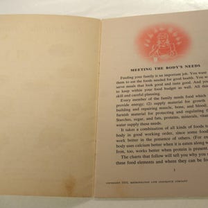 May include: Open book with text titled "MEETING THE BODY'S NEEDS" and an illustration of a person. The text discusses food for good health, energy, and body function. The book is open on a light-colored surface.