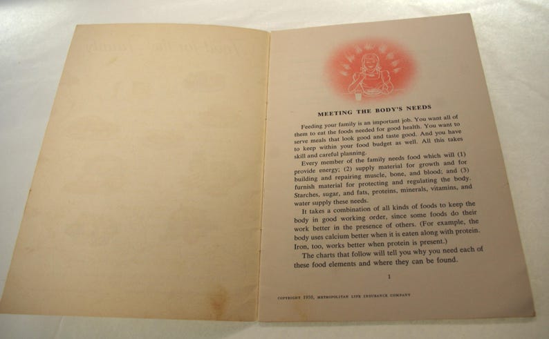May include: Open book with text titled "MEETING THE BODY'S NEEDS" and an illustration of a person. The text discusses food for good health, energy, and body function. The book is open on a light-colored surface.