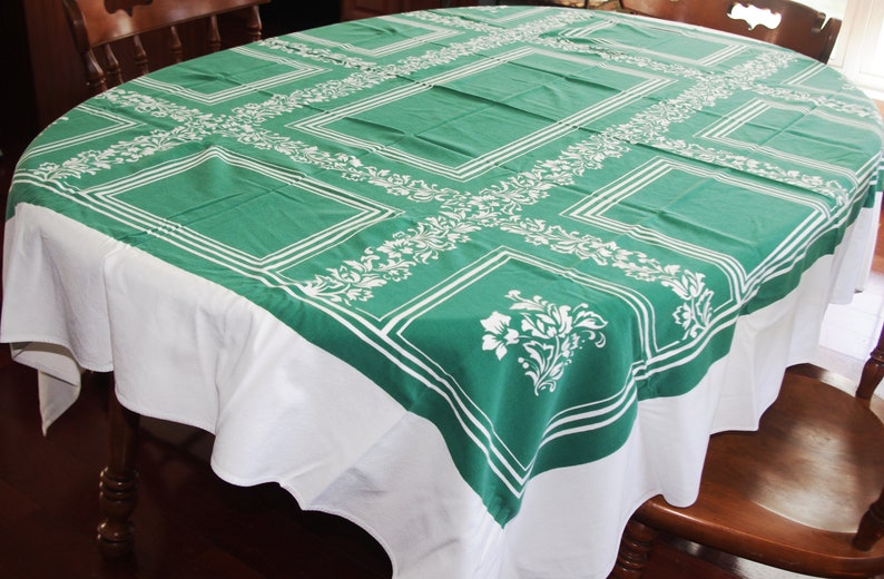 Vintage Large Printed Tablecloth Kelly Green Flower Vines /& Squares 1950s
